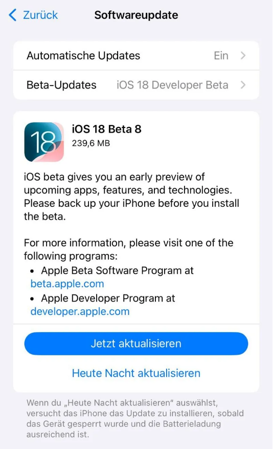 新昌苹果手机维修分享苹果 iOS / iPadOS 18 开发者预览版 Beta 8 发布 